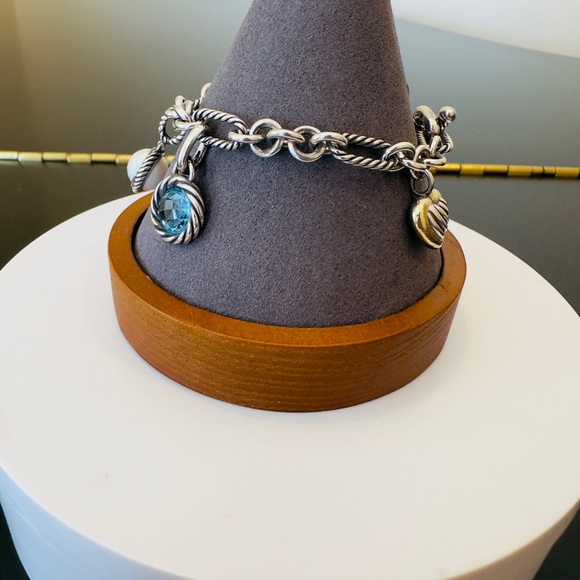 David Yurman Authentic Luxury Vintage Pearl Blue Topaz 18K Silver Charm Bracelet - Picture 5 of 17